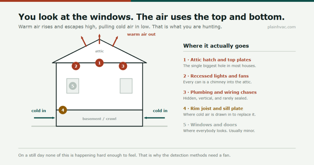 Cross-section of a house showing warm air escaping through the attic hatch, recessed lights and chases while cold air is drawn in at the rim joist, with windows marked as a minor fifth source.