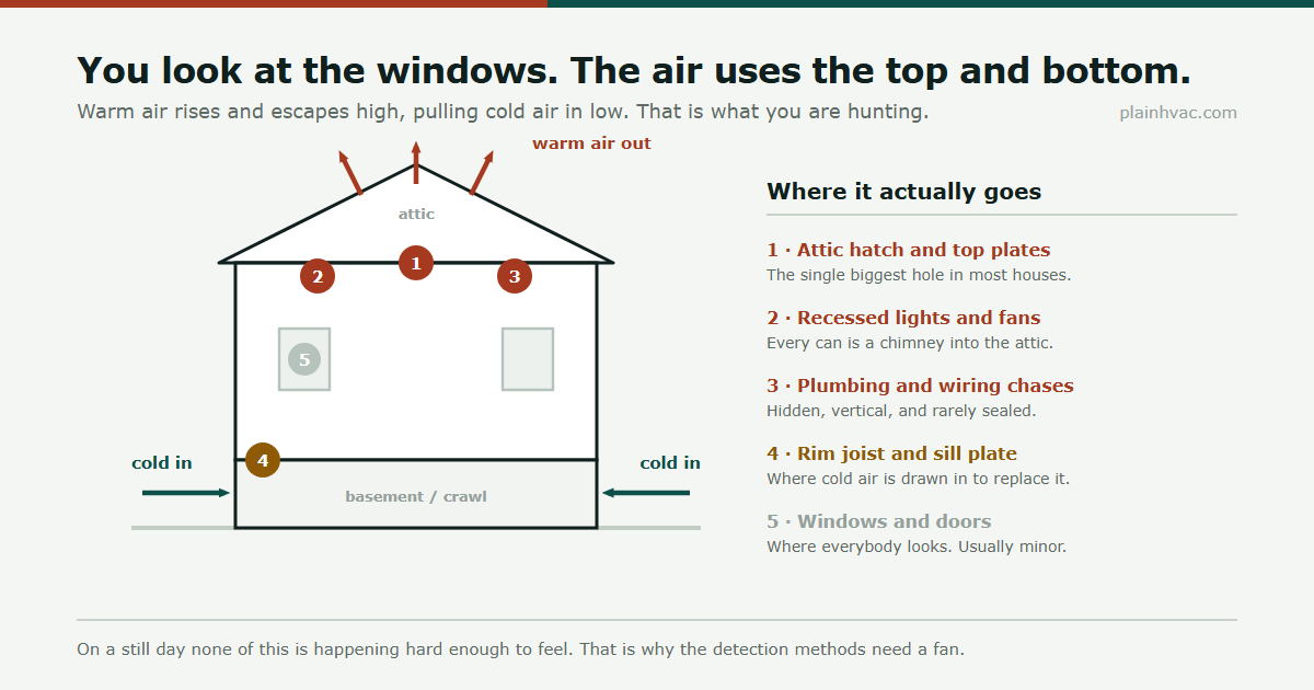 Cross-section of a house showing warm air escaping through the attic hatch, recessed lights and chases while cold air is drawn in at the rim joist, with windows marked as a minor fifth source.