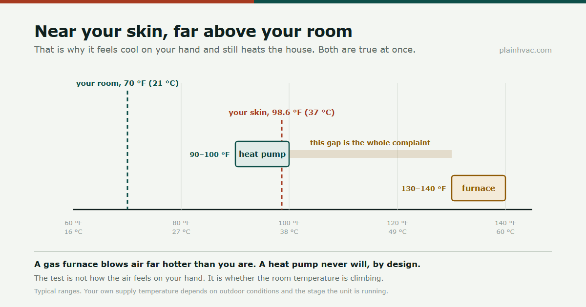 Temperature scale showing heat pump supply air at 90 to 100 F near skin temperature, far above a 70 F room, against a gas furnace at 130 to 140 F