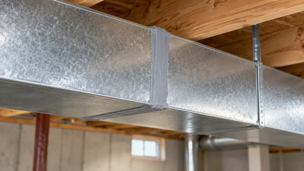 AI illustration of a metal HVAC duct with a mastic-sealed joint in a basement