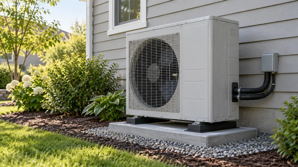AI illustration of an outdoor air-source heat pump beside a house