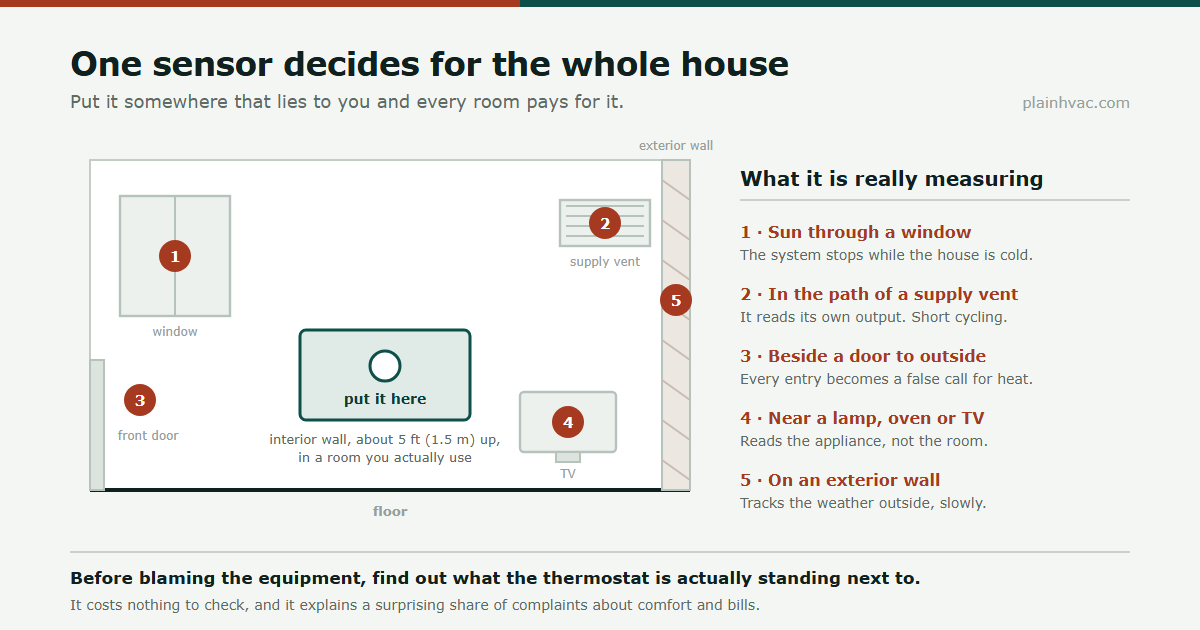Room diagram showing five bad thermostat locations against sun, a supply vent, an exterior door, a TV and an exterior wall, with the good interior wall position marked